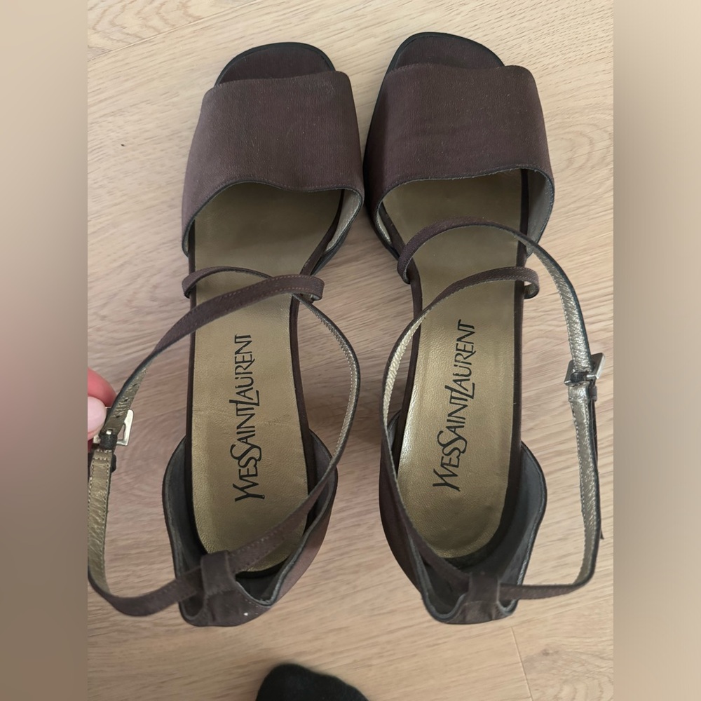 Yves Saint Laurent Vintage Open Toe Block Heel Strappy Sandals Brown Sz.7 Italy - Picture 4 of 11